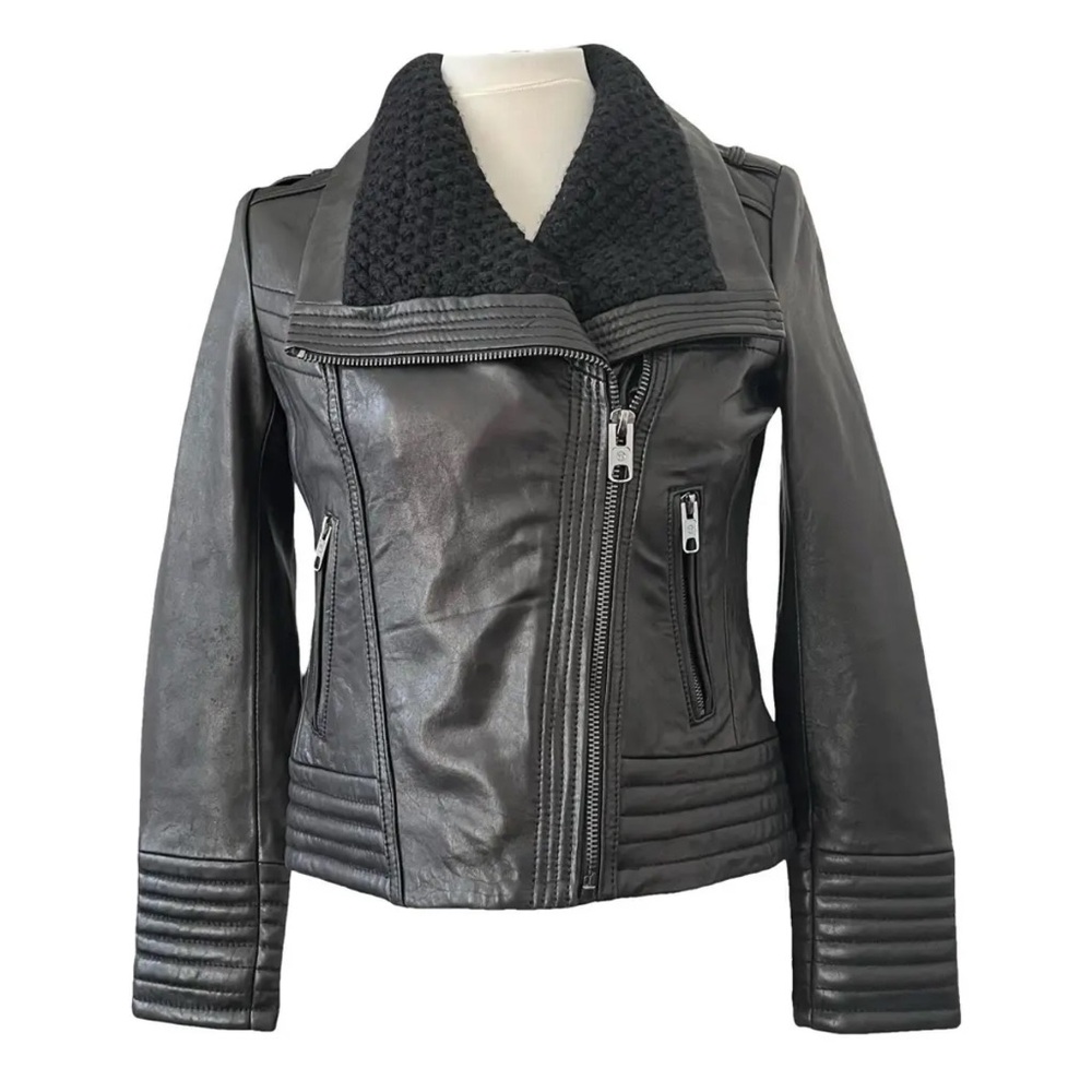 New Women’s Michael Kors Black Leather Moto Jacket with Knit Collar